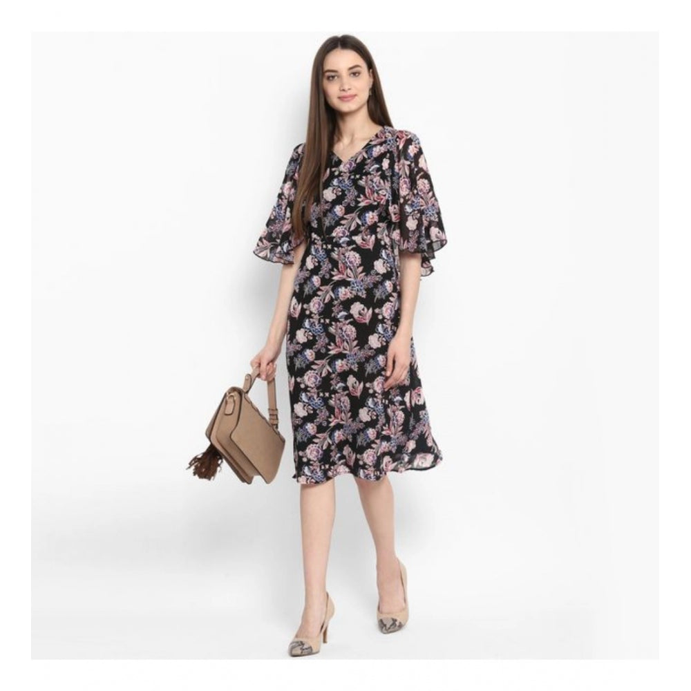 Generic Women's Polyester Floral Short Sleeve Knee-Length Dress (Black - Multicolor)