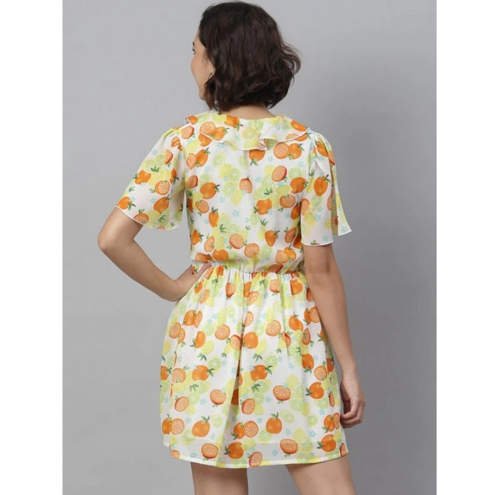 Generic Women's Polyester Printed Flutter Above Knee Dress (Yellow - Orange)
