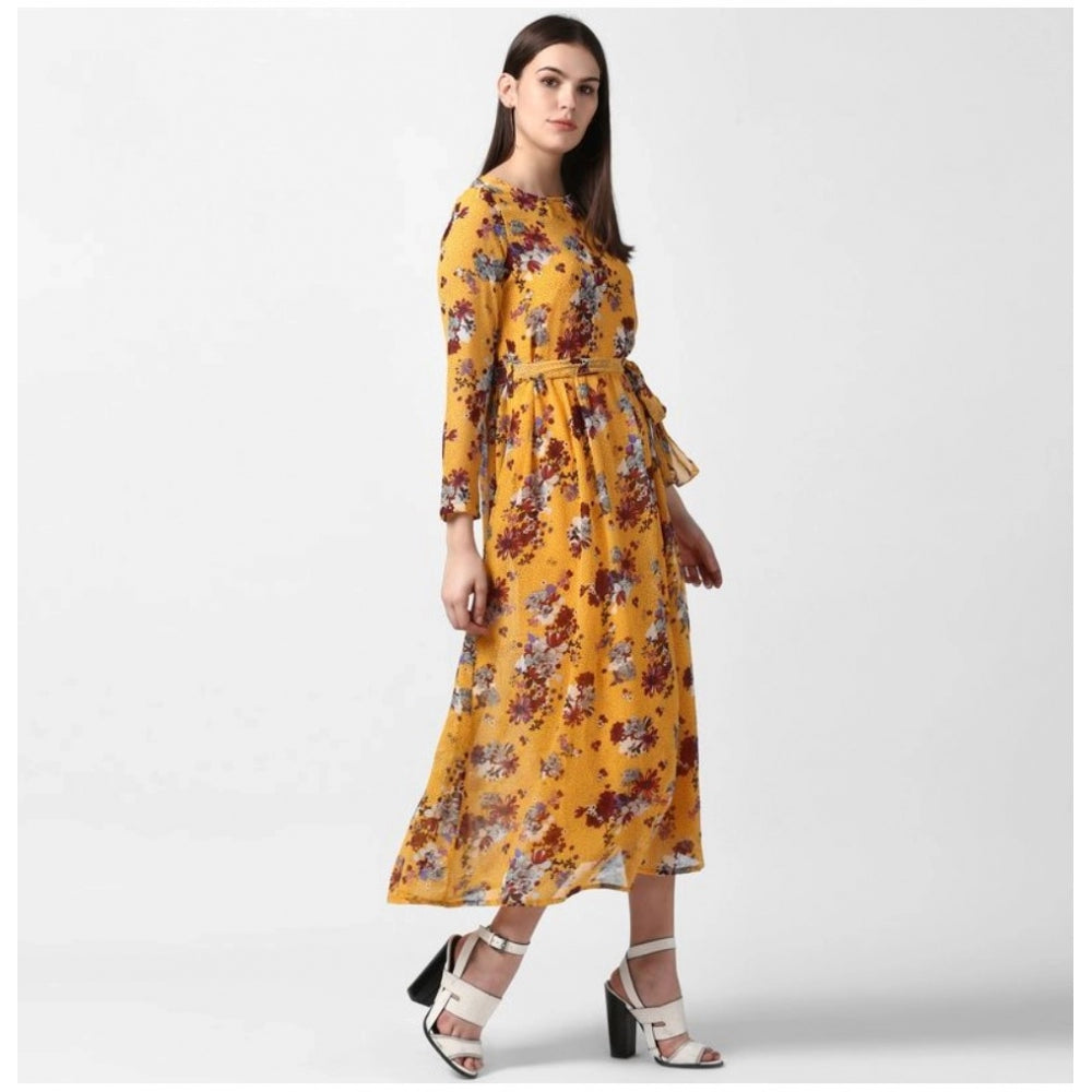 Generic Women's Polyester Floral Long Sleeves Calf-length Dress (Yellow)