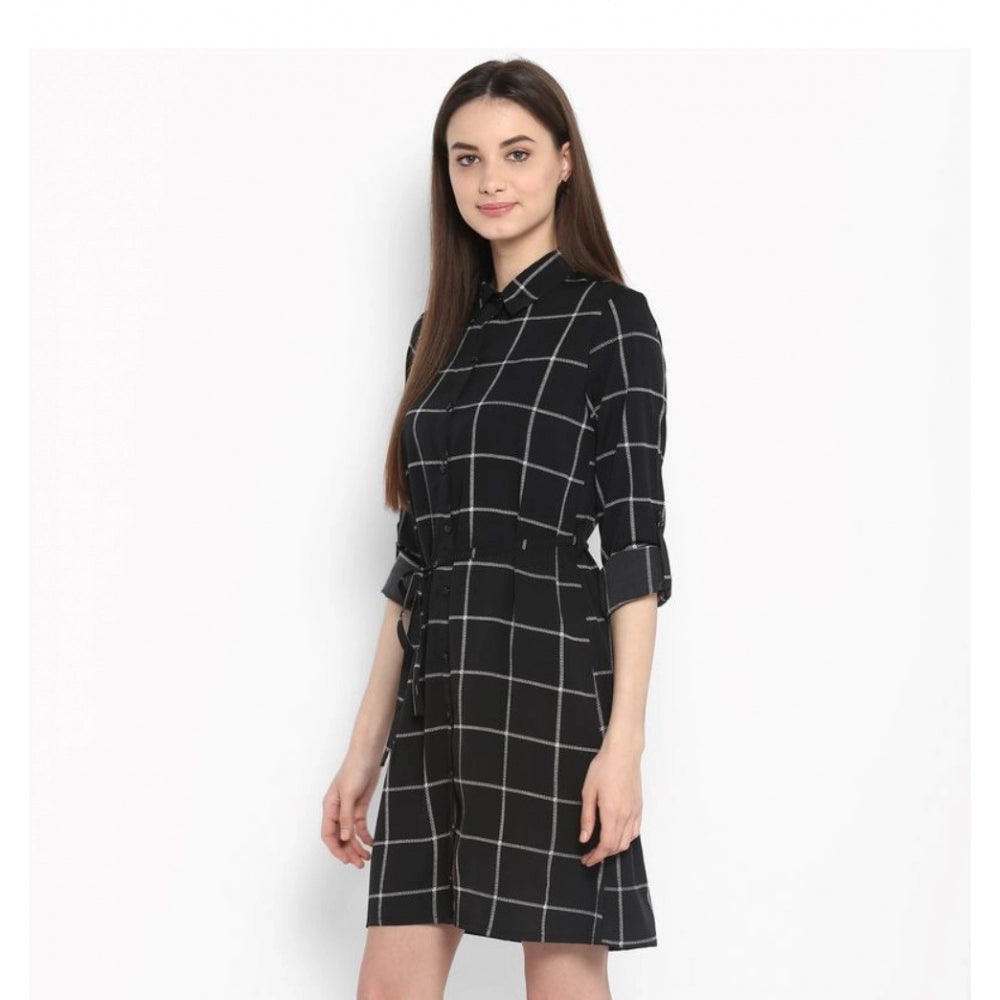 Generic Women's Polyester Checkered Roll Up Sleeve Above Knee Dress (Black - White)