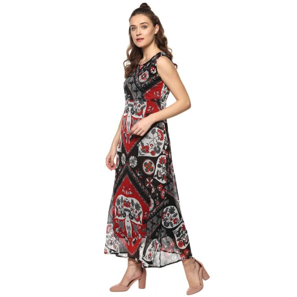Generic Women's Polyester Printed Sleeveless Dress (Red - Black)