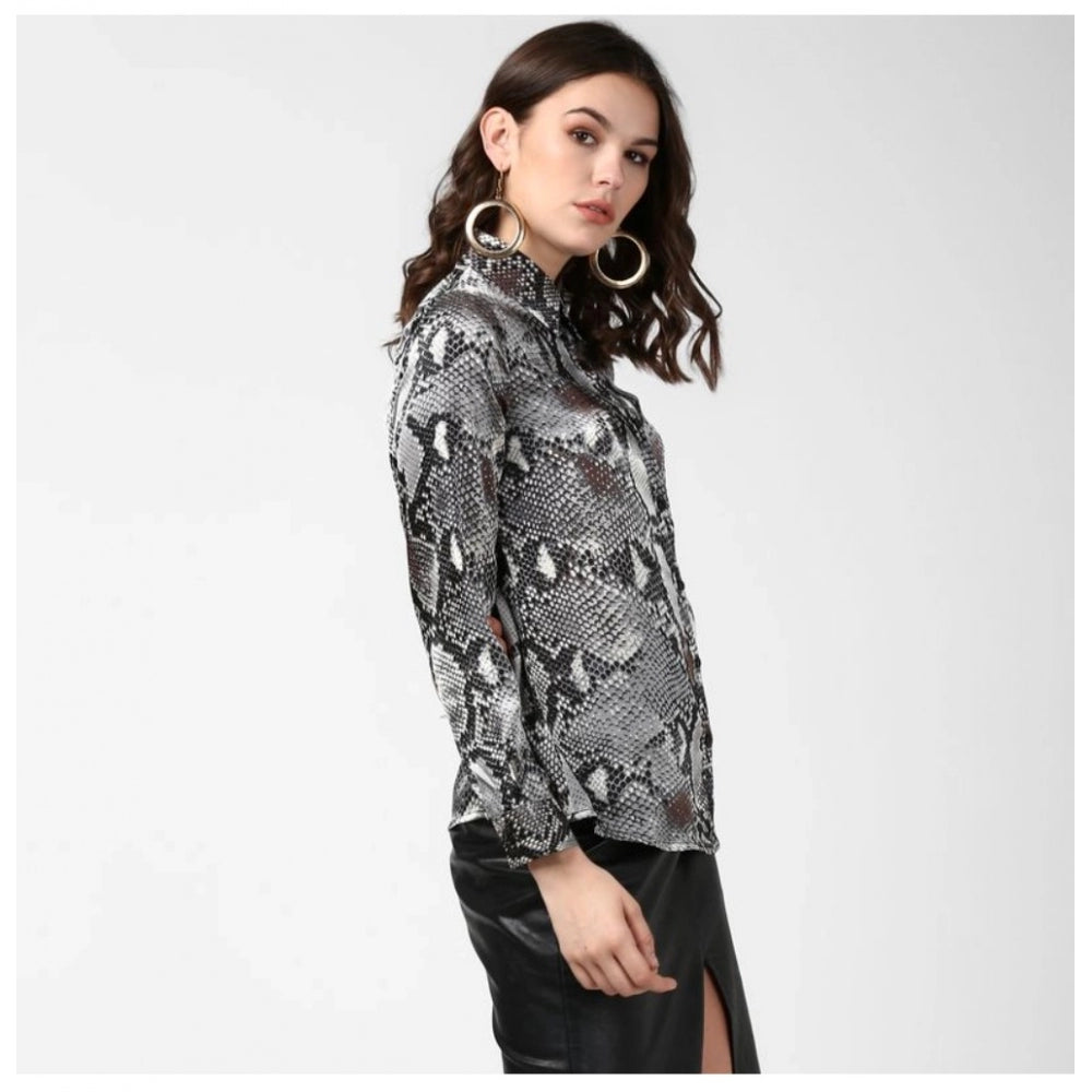 Generic Women's Satin Animal Print Long Sleeves Standard Length Shirt (Black - Grey)