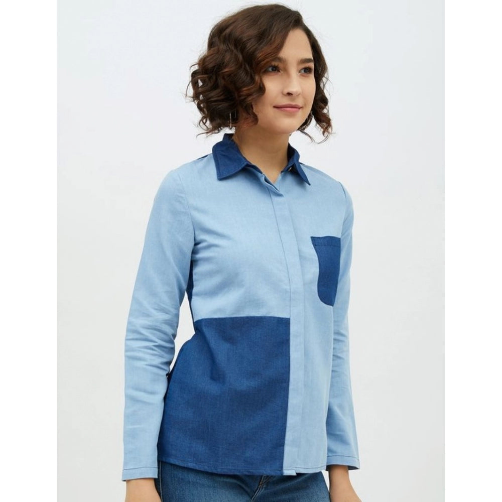 Generic Women's Denim Patch Work Long Sleeves Standard Length Shirt (Blue)