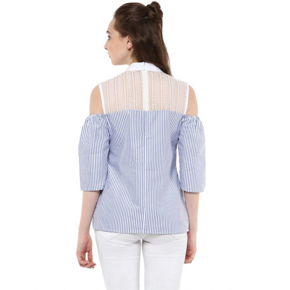 Generic Women's Cotton Striped Cold Shoulder Top (Blue)
