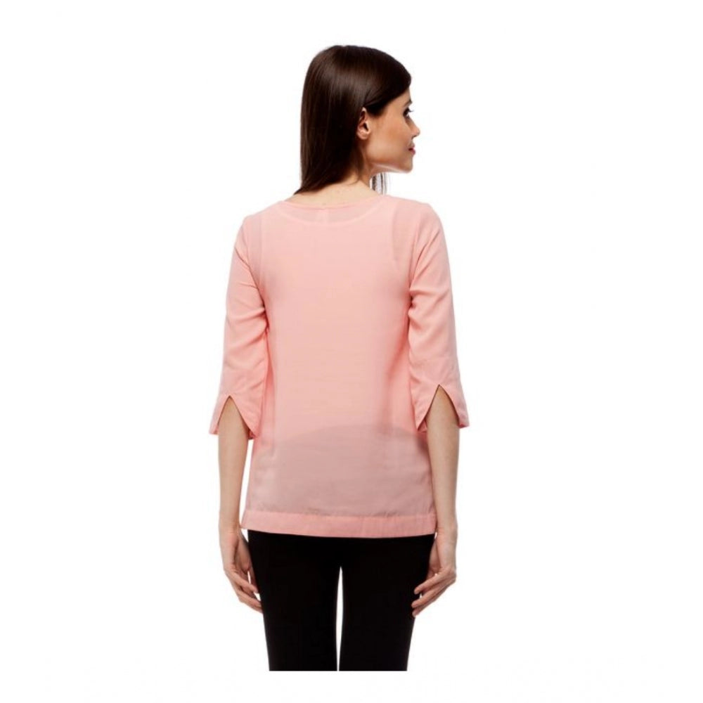 Generic Women's Polyester Solid 3-4th Sleeves Regular Top (Peach)