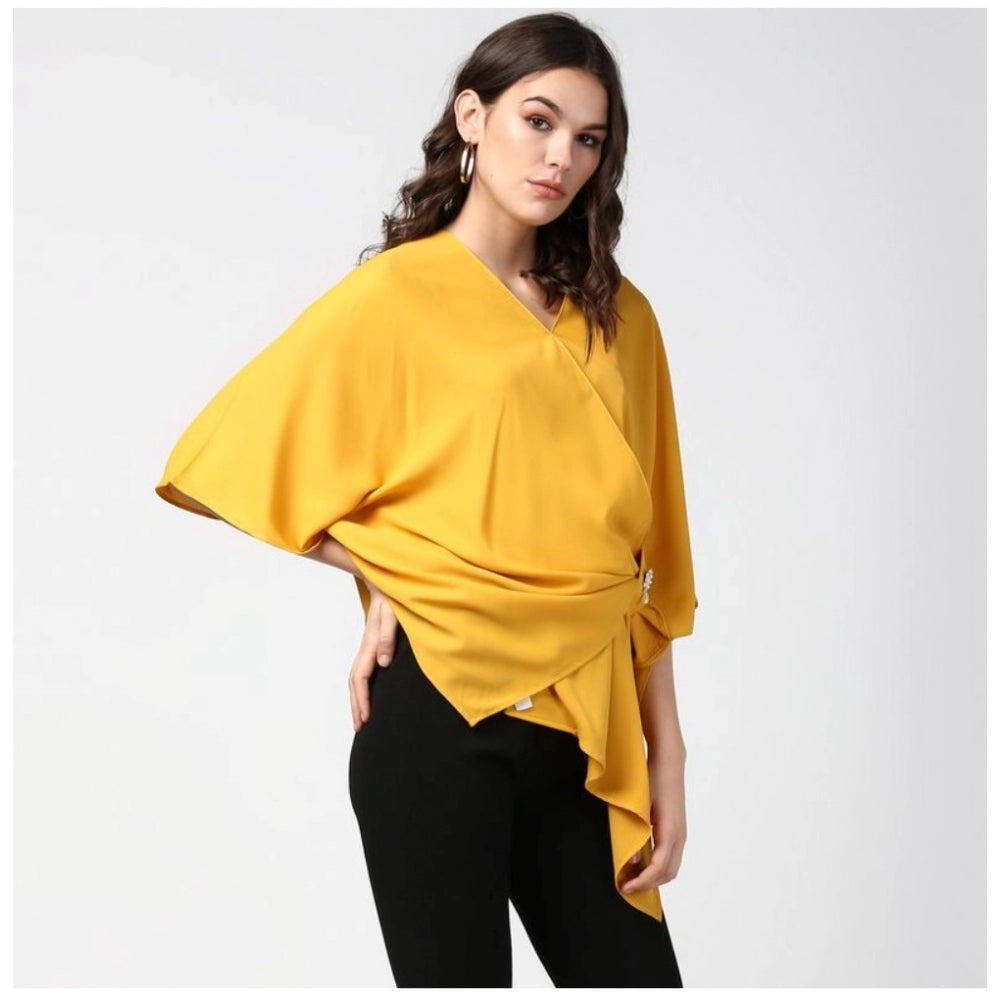 Generic Women's Polyester Solid Cape Sleeve Top (Yellow)