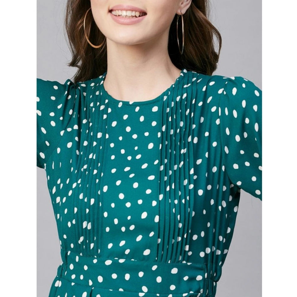 Generic Women's Polyester Polka Long Sleeves Above Knee Dress (Green - White)