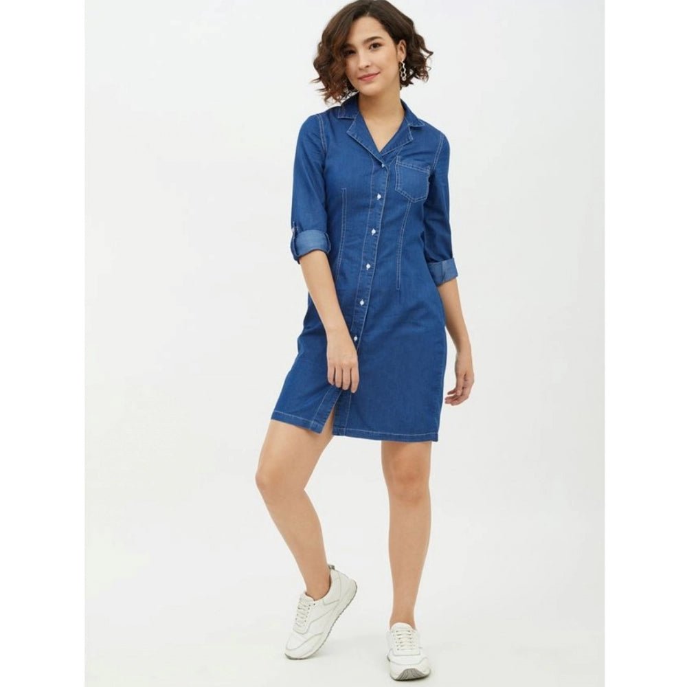 Generic Women's Denim Solid Long Sleeves Above Knee Dress (Blue)