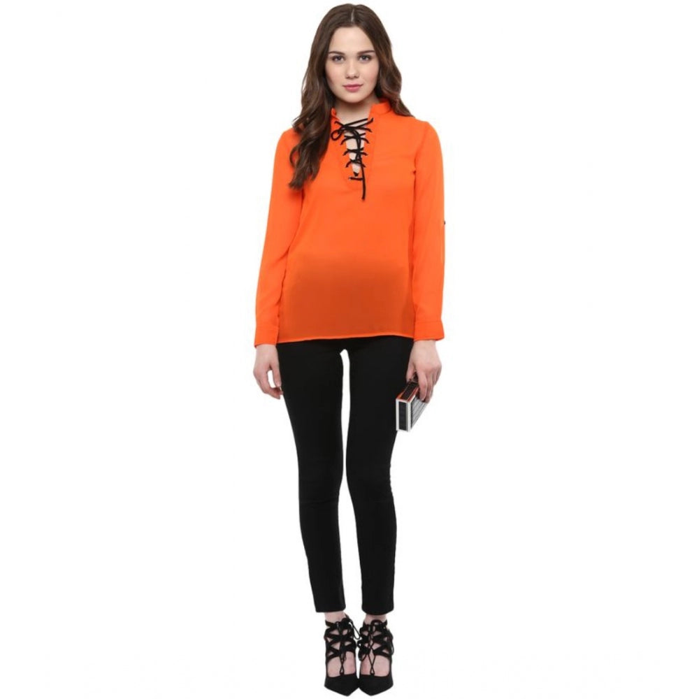 Generic Women's Polyester Solid Long Sleeves Regular Top (Orange)