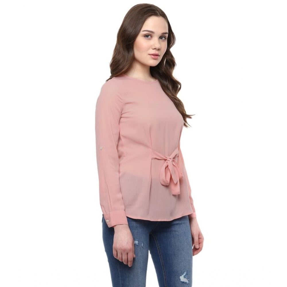Generic Women's Polyester Solid Long Sleeves Regular Top (Pink)
