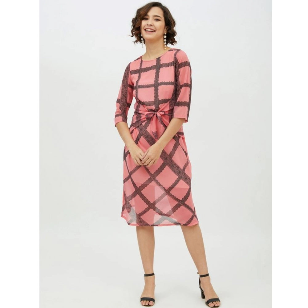Generic Women's Polyester Checkered 3-4th Sleeves Below Knee Dress (Pink)