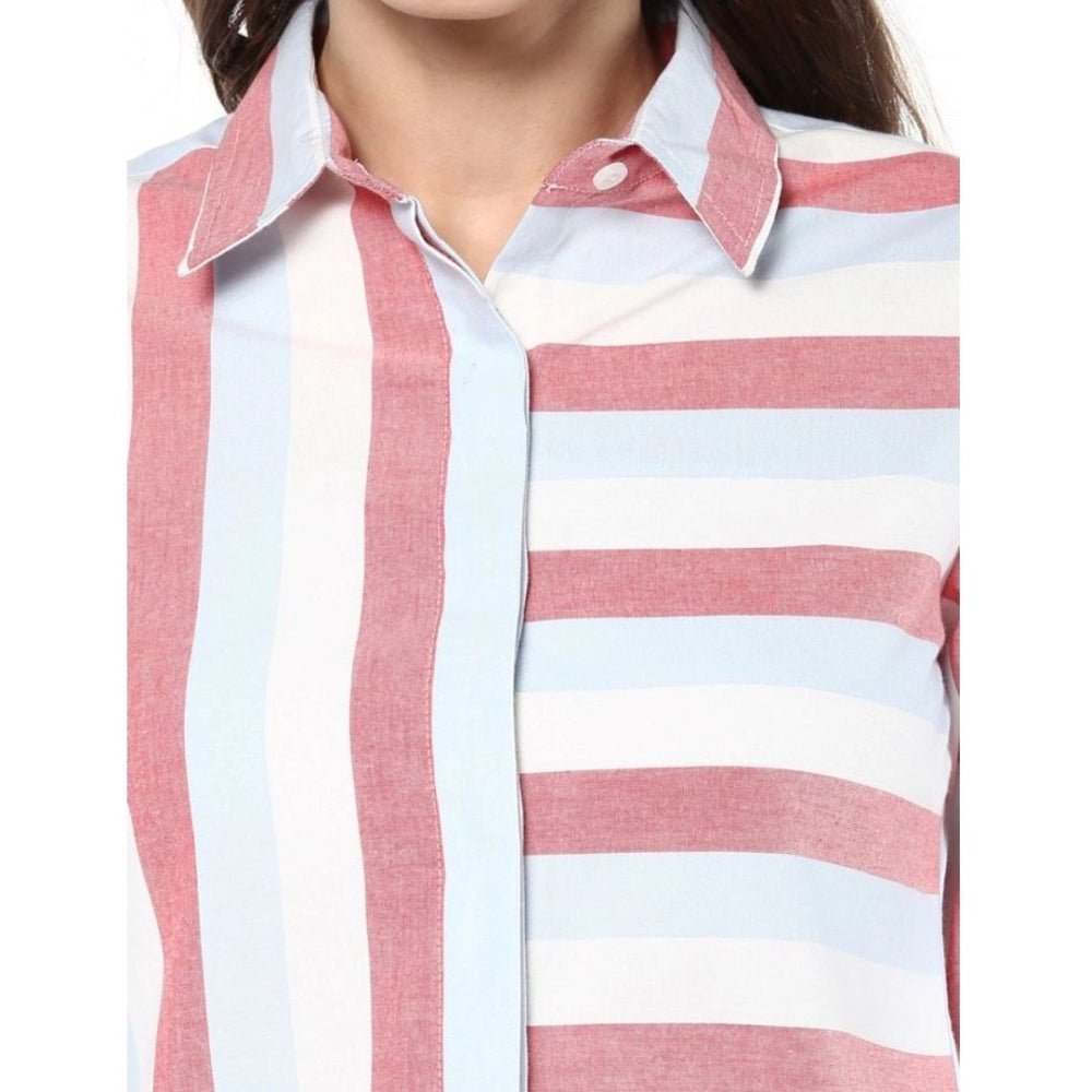 Generic Women's Cotton Striped Roll Up Sleeve Regular Top (Red)