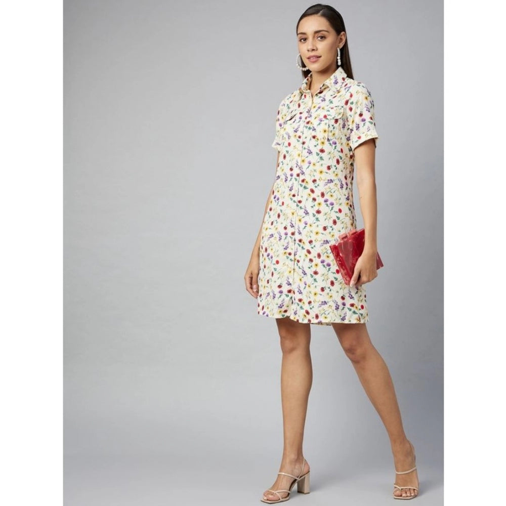 Generic Women's Polyester Floral Short Sleeve Above Knee Dress (Multicolor)