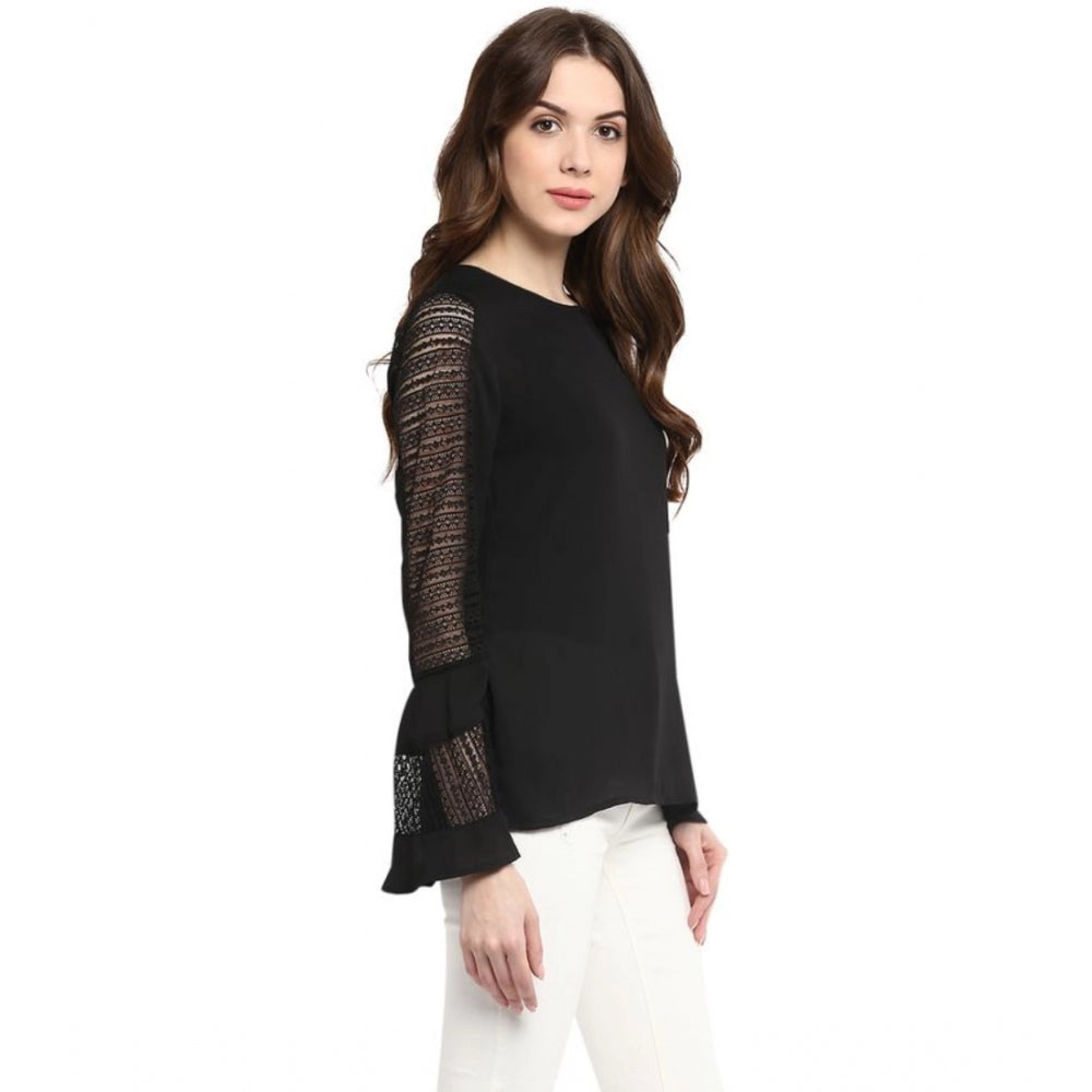Generic Women's Polyester Georgette Self Design Bell Sleeve Regular Top (Black)
