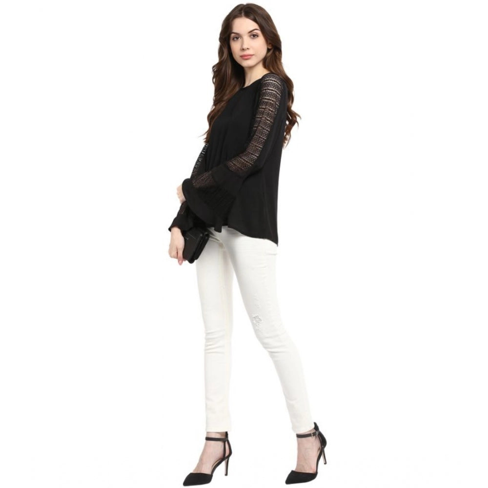Generic Women's Polyester Georgette Self Design Bell Sleeve Regular Top (Black)