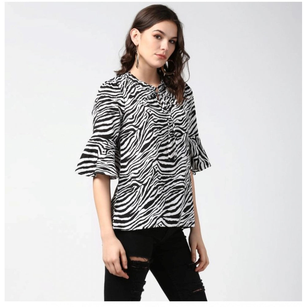 Generic Women's Polyester Animal Print Bell Sleeve Top (Black - White)