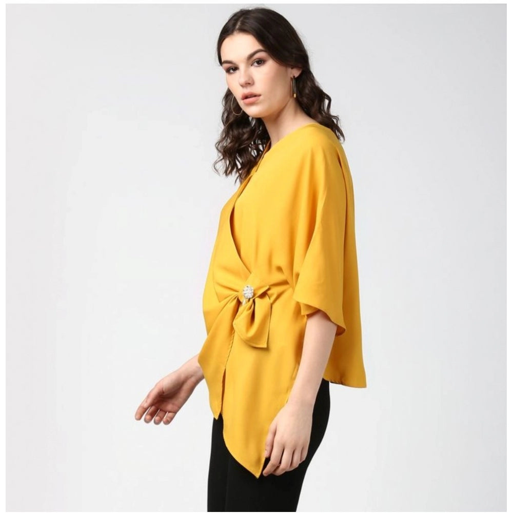 Generic Women's Polyester Solid Cape Sleeve Top (Yellow)