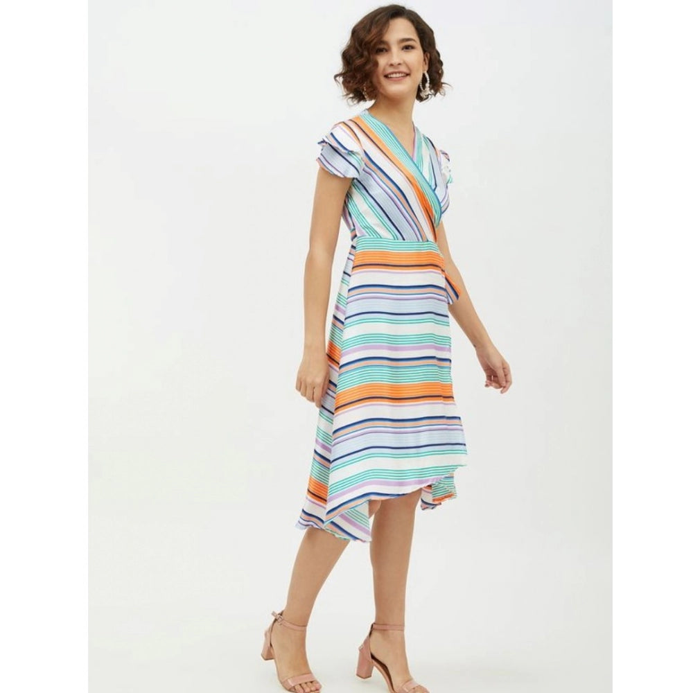 Generic Women's Satin Striped Short Sleeve Knee-Length Dress (Multicolor)