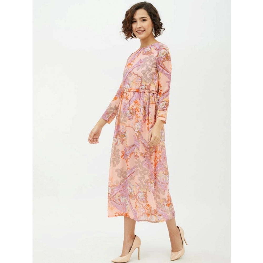 Generic Women's Polyester Printed Long Sleeves Calf-length Dress (Multicolor)