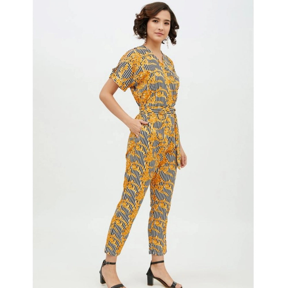 Generic Women's Polyester Printed Half Sleeve Long Jumpsuit (Yellow)