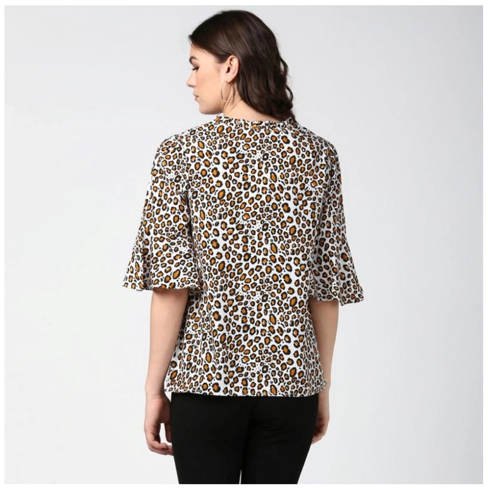 Generic Women's Polyester Animal Print Bell Sleeve Top (Orange - Black)