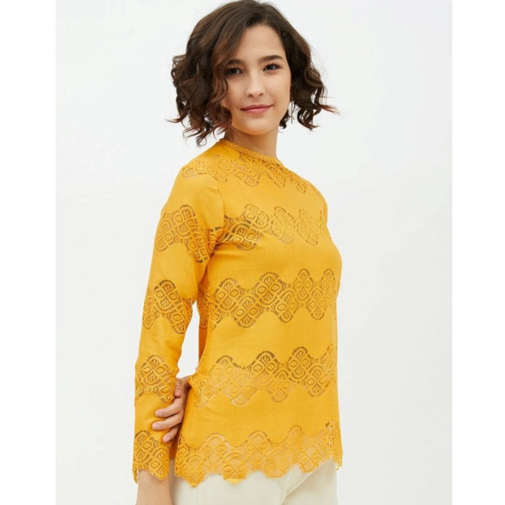 Generic Women's Cotton Lace Inserts Long Sleeves Top (Yellow)