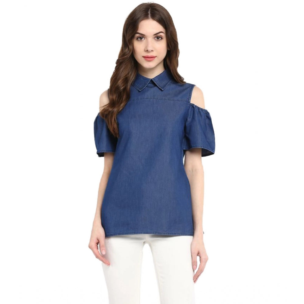 Generic Women's Denim Solid Cold Shoulder Regular Top (Blue)