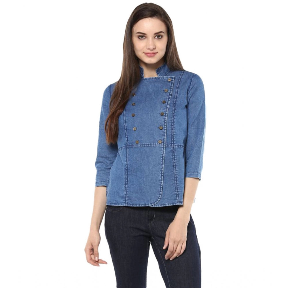 Generic Women's Denim Solid 3-4th Sleeves Regular Top (Blue)