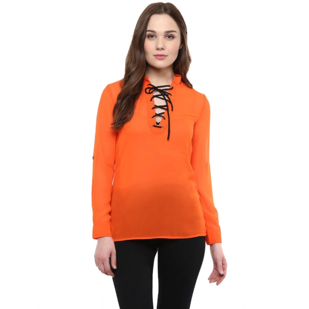 Generic Women's Polyester Solid Long Sleeves Regular Top (Orange)