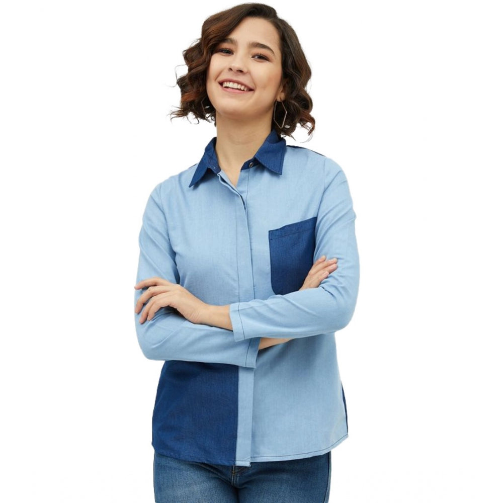 Generic Women's Denim Patch Work Long Sleeves Standard Length Shirt (Blue)