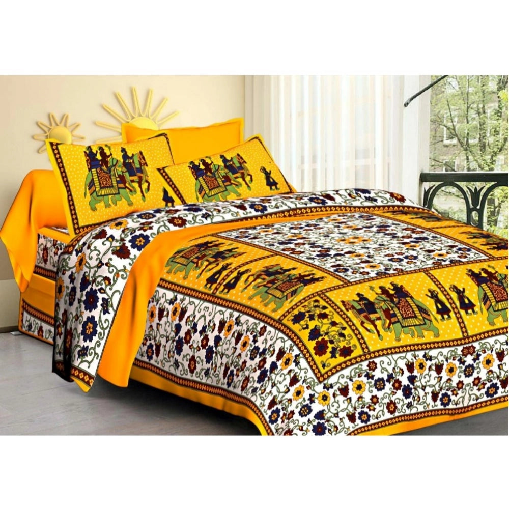 Generic Cotton Printed Queen Size Bedsheet With 2 Pillow Covers (Yellow, 90x100 Inch)