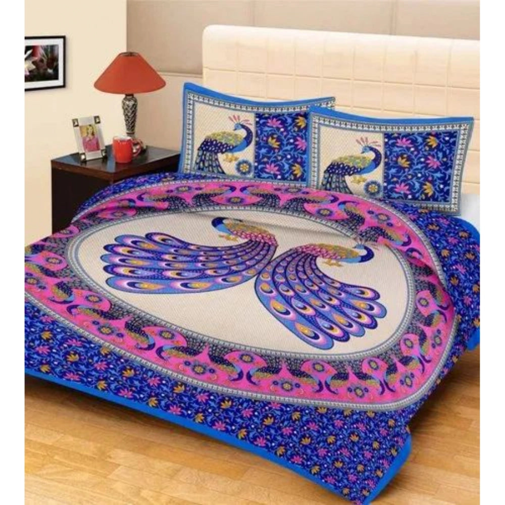 Generic Cotton Printed Queen Size Bedsheet With 2 Pillow Covers (Blue, 90x100 Inch)