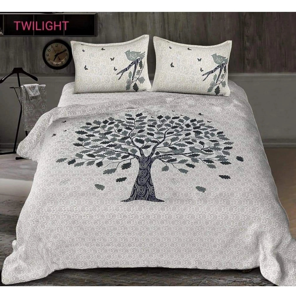 Generic Cotton Printed Queen Size Bedsheet With 2 Pillow Covers (White, 90x100 Inch)