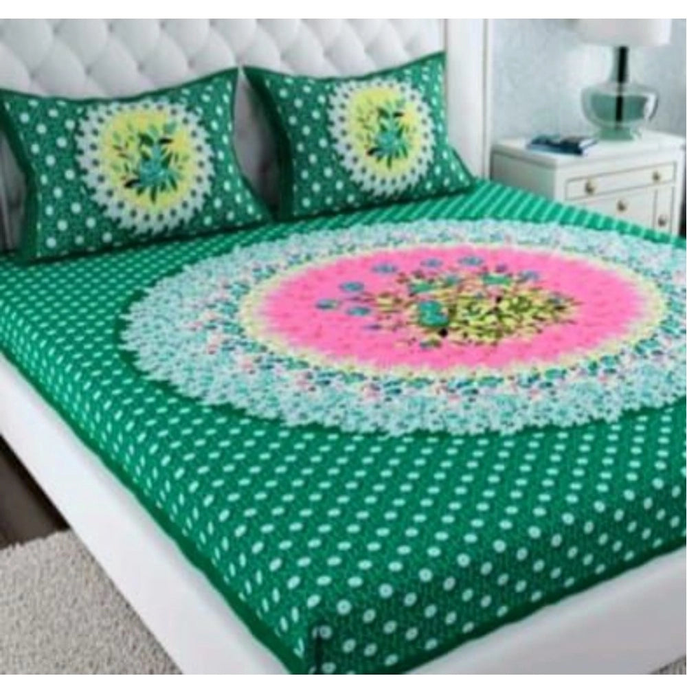 Generic Cotton Printed Queen Size Bedsheet With 2 Pillow Covers (Green, 90x100 Inch)