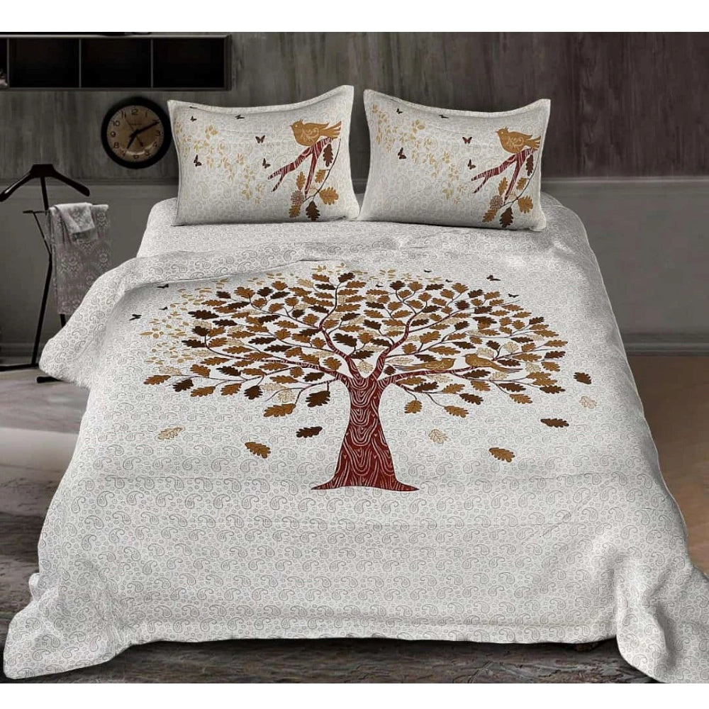 Generic Cotton Printed Queen Size Bedsheet With 2 Pillow Covers (White, 90x100 Inch)