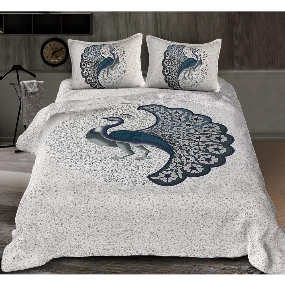 Generic Cotton Printed Queen Size Bedsheet With 2 Pillow Covers (White, 90x100 Inch)