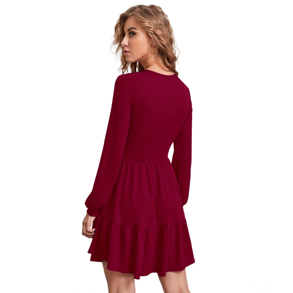 Generic Women's Knitting stretchable Solid Round Neck Full Sleeve Dress (Maroon)