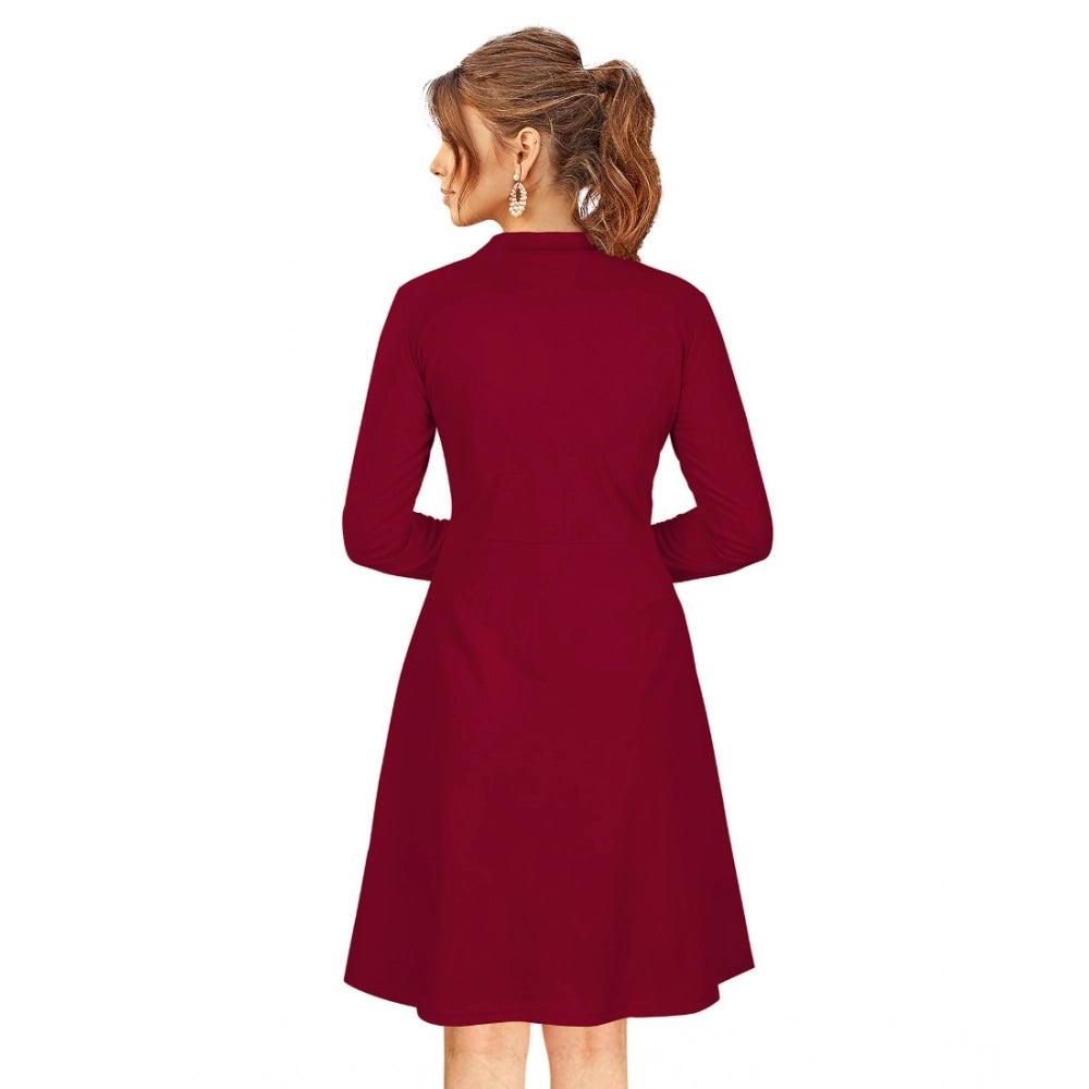 Generic Women's Knitting stretchable Solid Round Neck Full Sleeve Dress (Maroon)