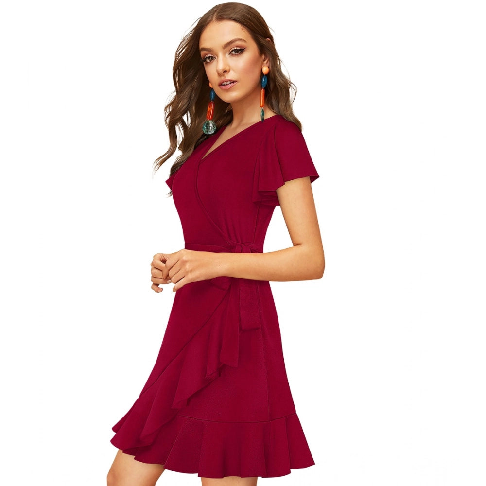 Generic Women's Knitting stretchable Solid V Neck Flaired Sleeve Dress (Maroon )
