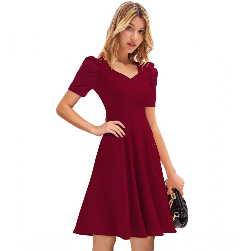 Generic Women's Knitting stretchable Solid V Neck Cap Sleeve Dress (Maroon)
