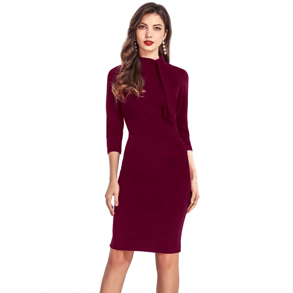 Generic Women's Knitting stretchable Solid Round Neck 3-4th Dress (Maroon)