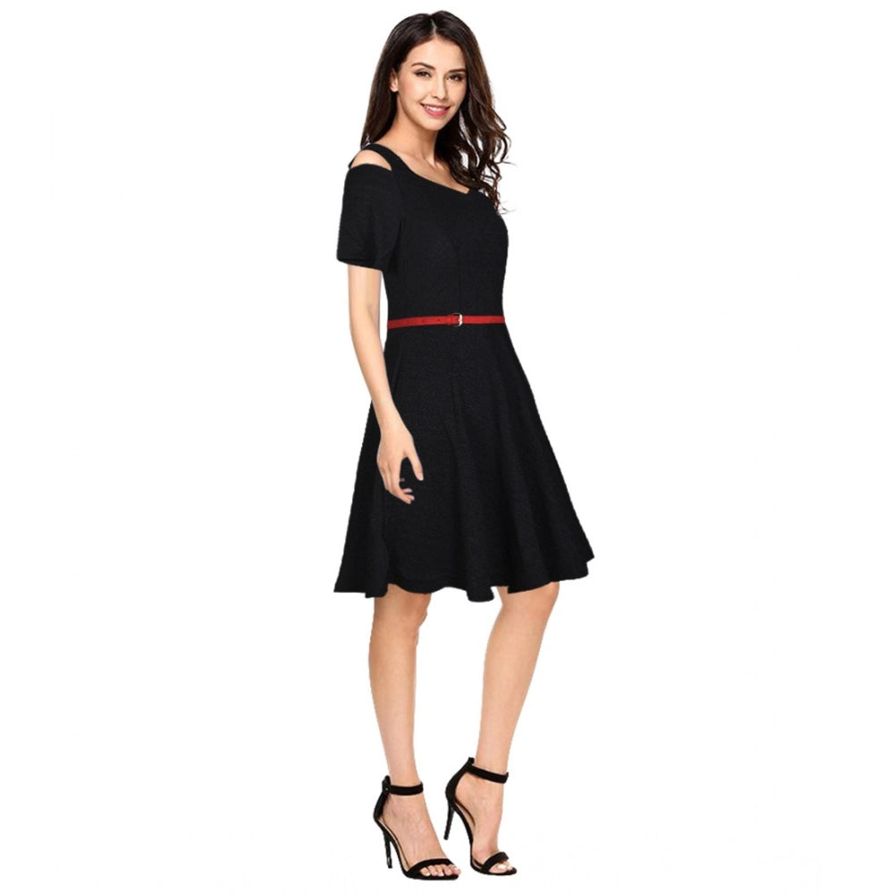 Generic Women's Polyester Solid V Neck Cap Sleeve Dress (Black)
