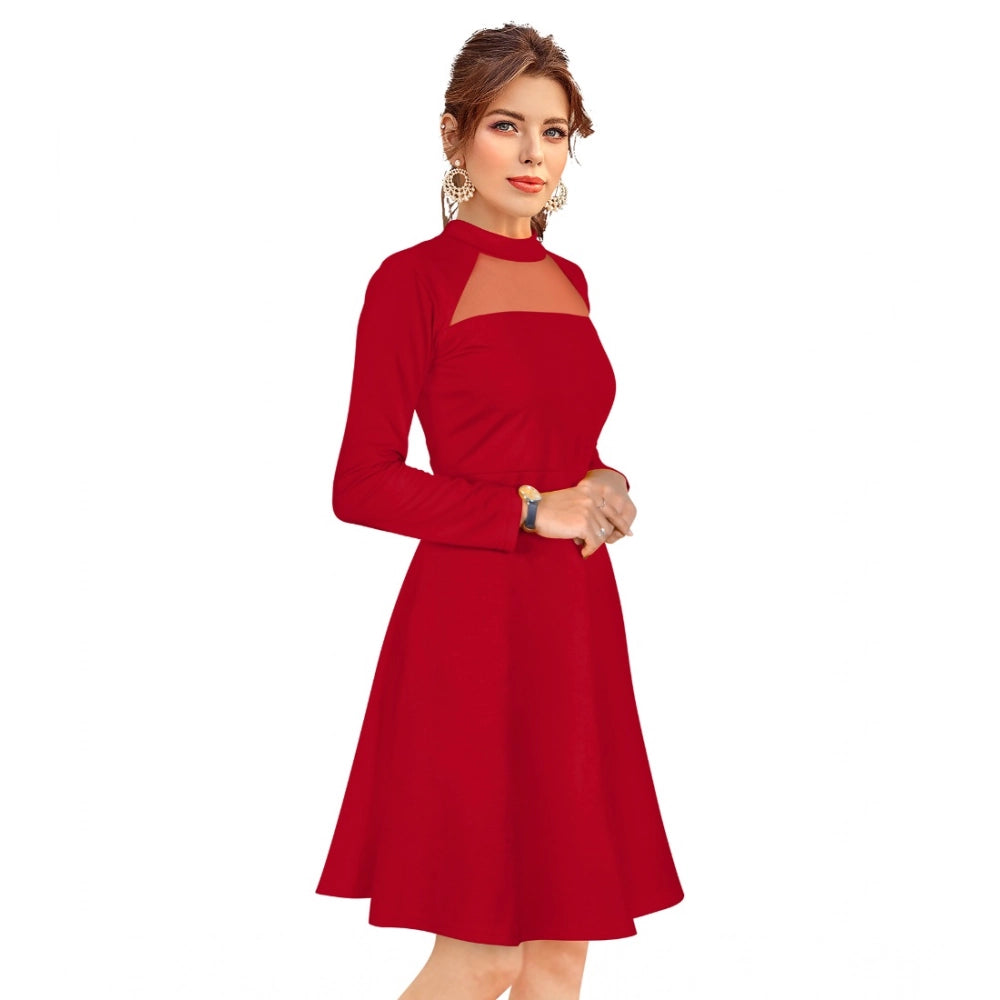 Generic Women's Knitting stretchable Solid Round Neck Full Sleeve Dress (Red)