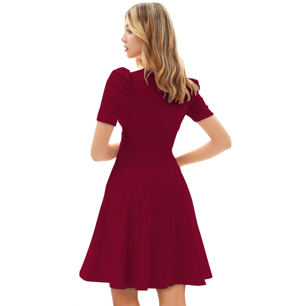 Generic Women's Knitting stretchable Solid V Neck Cap Sleeve Dress (Maroon)