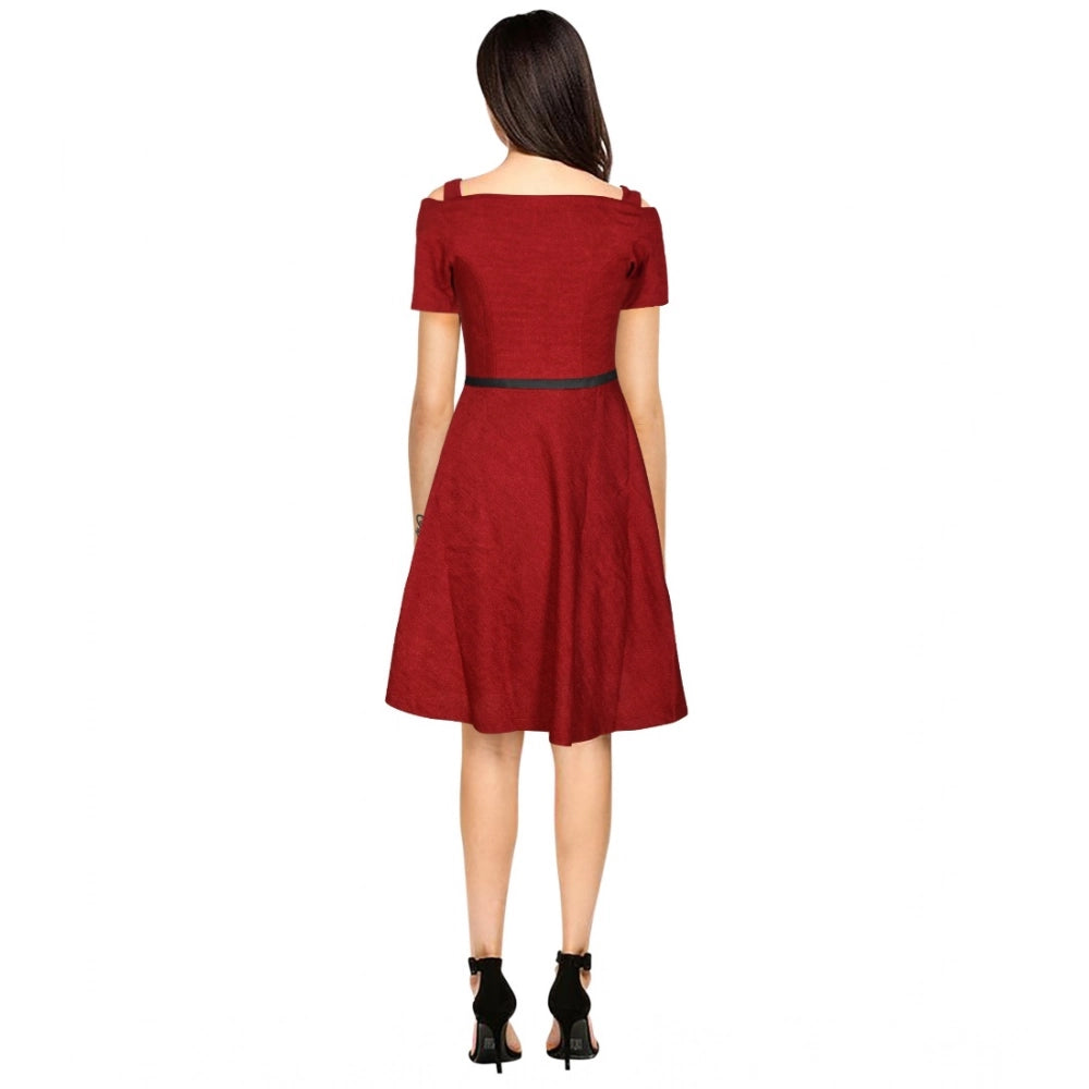 Generic Women's Polyester Solid V Neck Cap Sleeve Dress (Maroon)