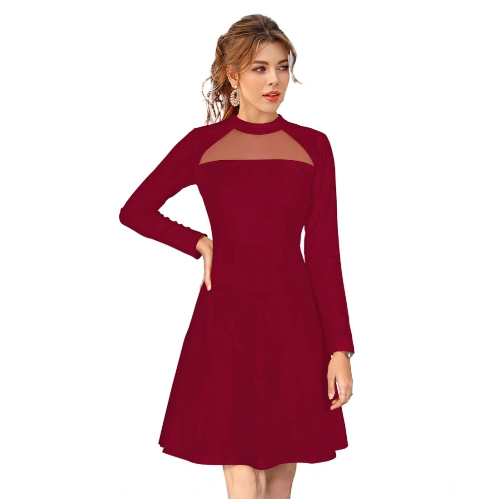 Generic Women's Knitting stretchable Solid Round Neck Full Sleeve Dress (Maroon)