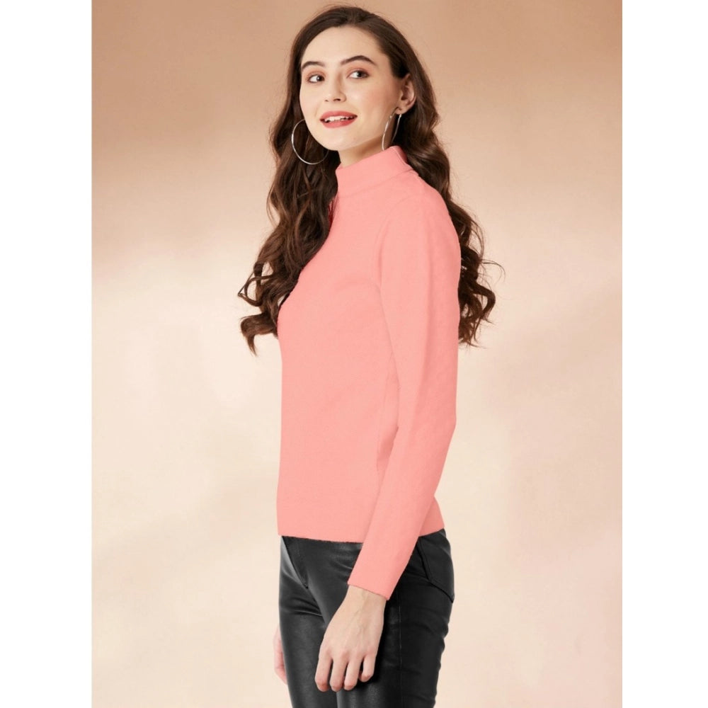 Generic Women's Polyester Solid High Neck Full Sleeve T-Shirt (Peach)