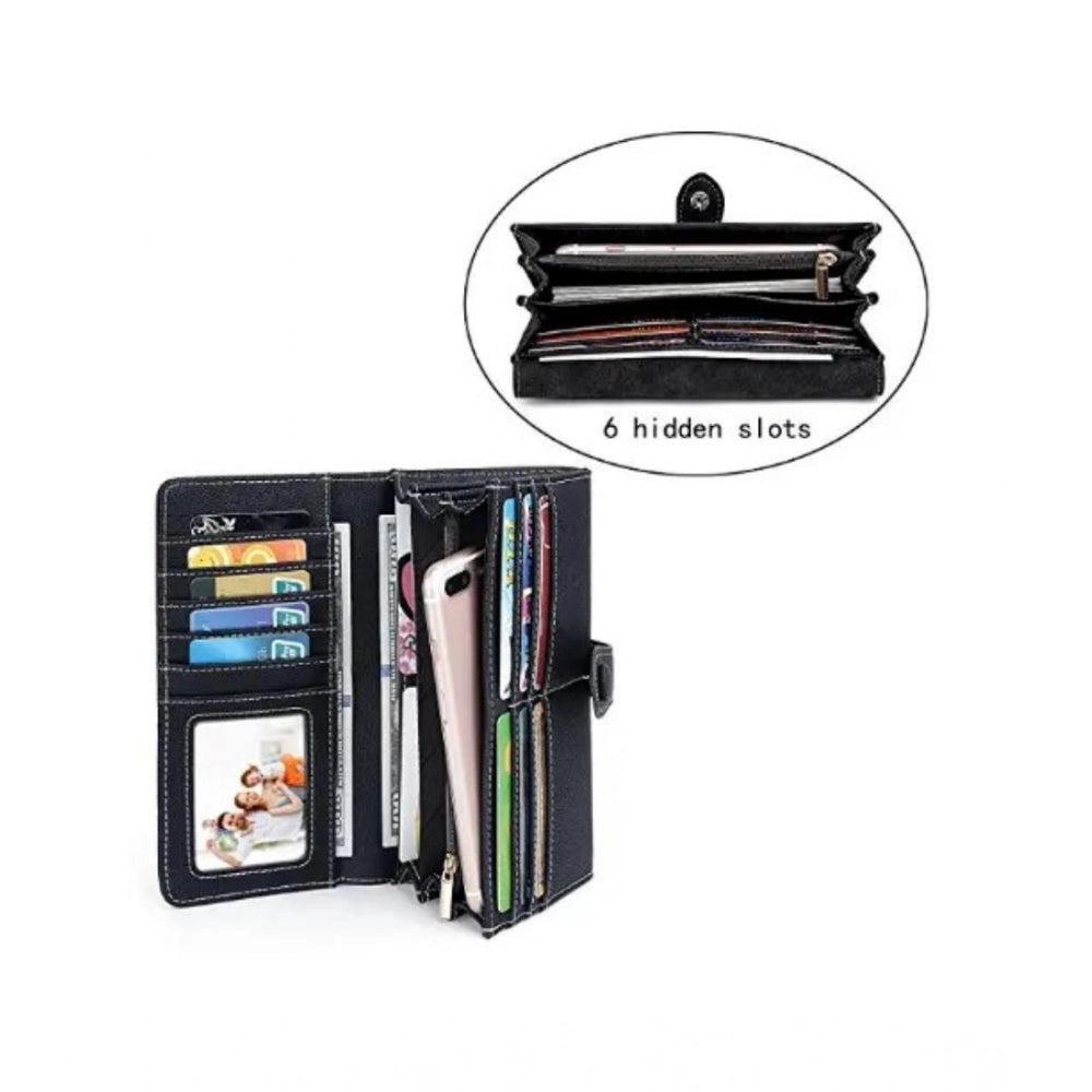 Generic Women's Faux Leather Medium Snap Button Wallet (Black)