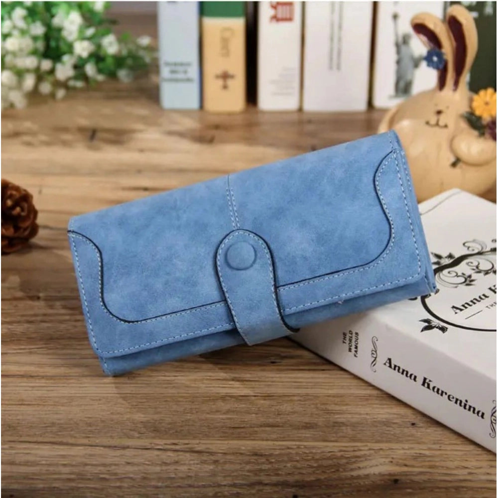 Generic Women's Faux Leather Medium Snap Button Wallet (Blue)