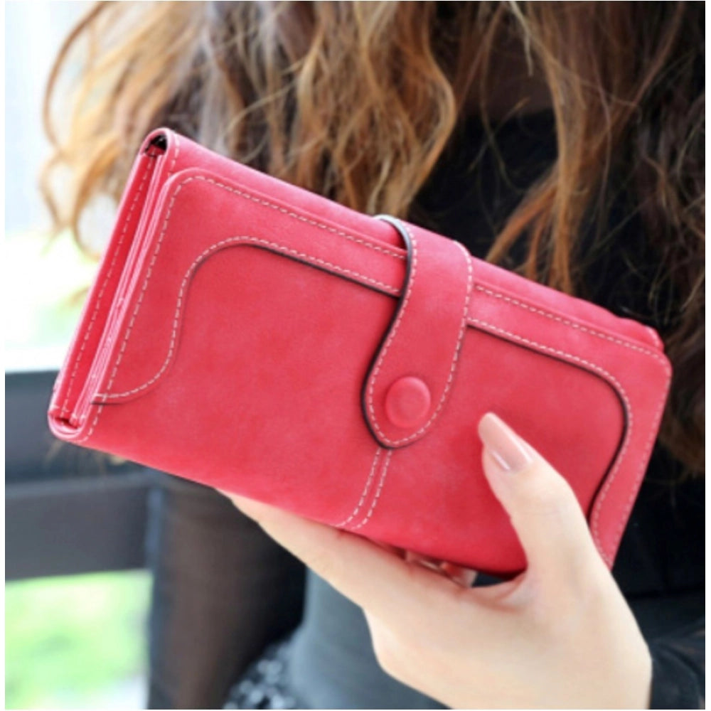 Generic Women's Faux Leather Medium Snap Button Wallet (Red)